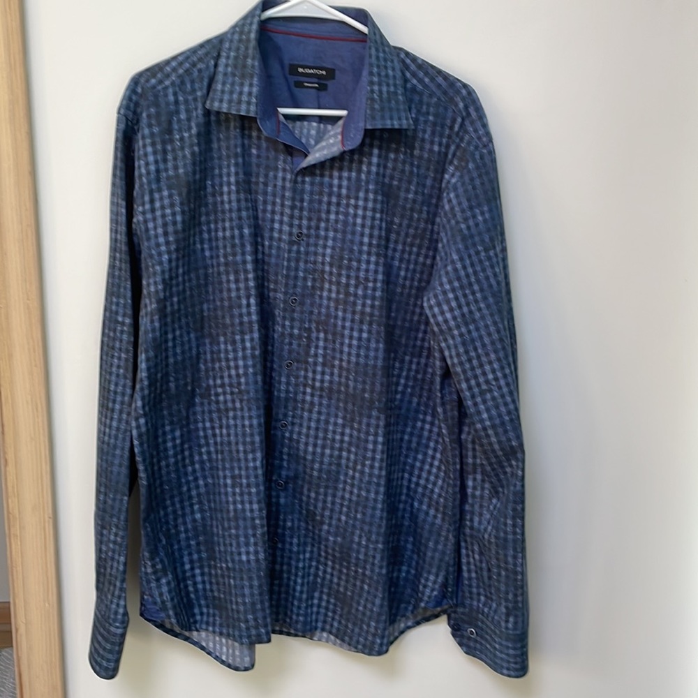 Bugatchi men’s shirt black blue checker long sleeve button down